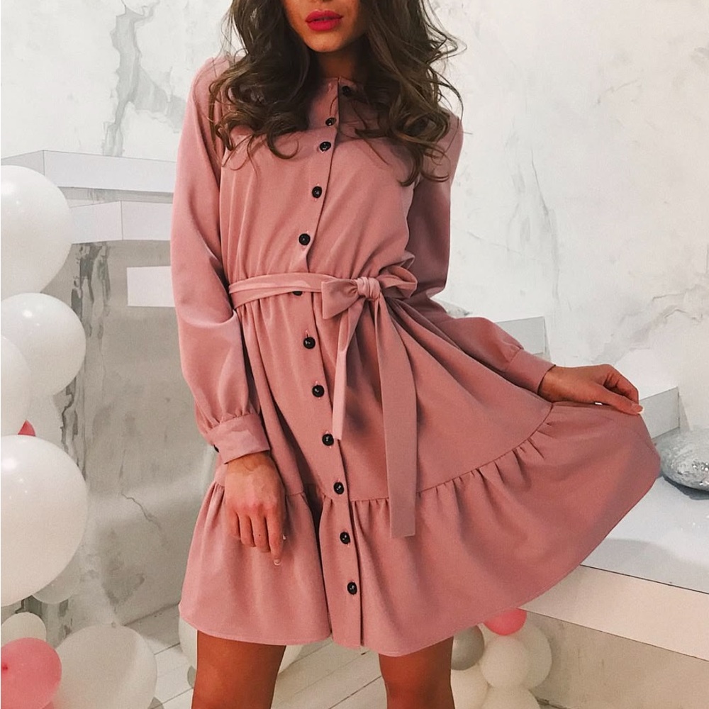 Dusty Pink Ruffled Dress with Long Bishop Sleeves